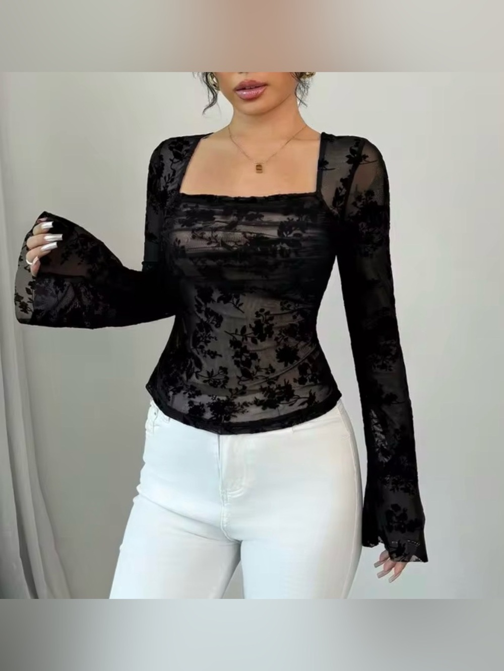 SHEIN Black Sheer Floral‎ Mesh Square Neck Top